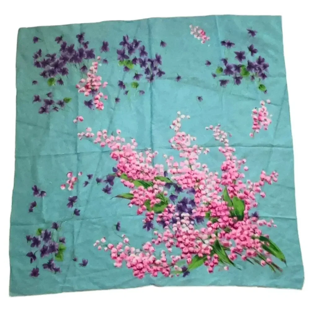 Glentex Silk Scarf Square blue with Purple Pink Floral Japan 30x30 vintage